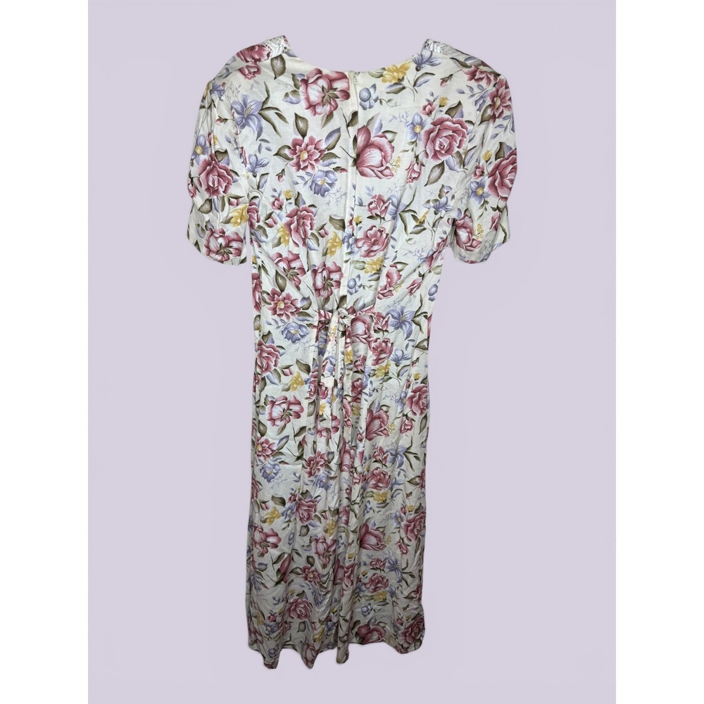 Betsy Lauren Vintage Floral Lace Trim Midi Dress Pink Purple Cream Rayon Size 6 - Picture 2 of 7